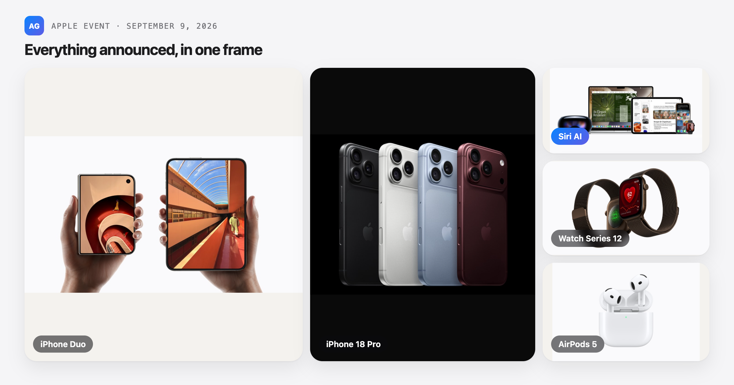 iPhone 18 Pro, iPhone Duo, Apple Watch Series 12, and AirPods 5 side by side