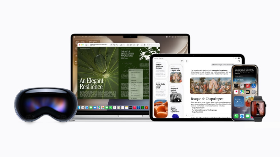 Apple Intelligence and Siri AI running across Vision Pro, MacBook, iPad, iPhone, and Apple Watch